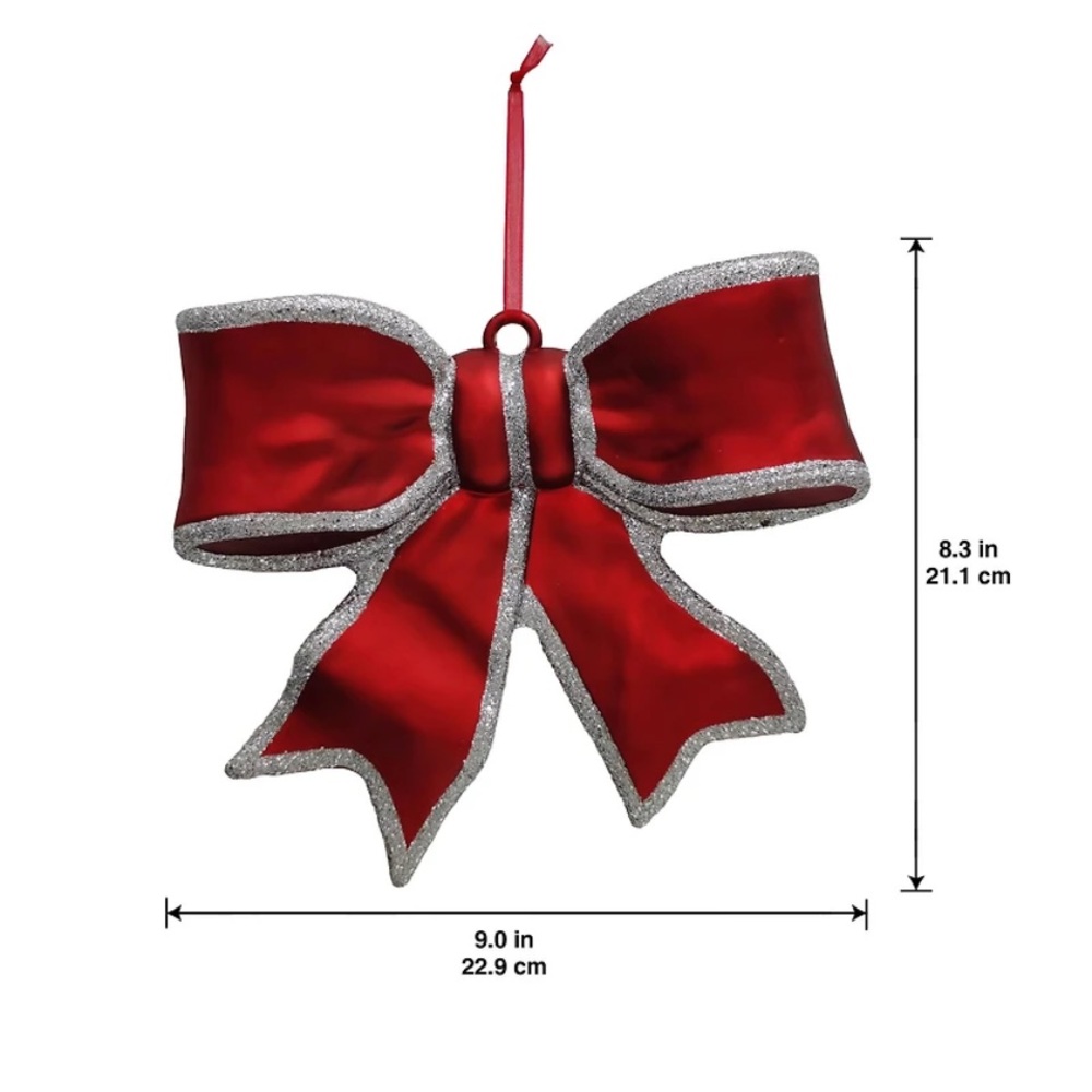 9.25" Jumbo Bow Ornament by Ashland Red Satin Bow with Silver Glitter Trim